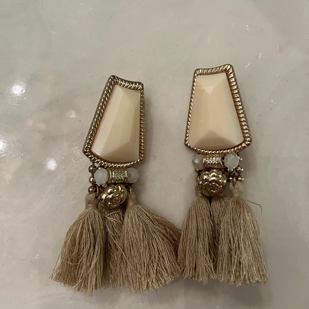 Elegant Cream and Gold Tassel Earrings